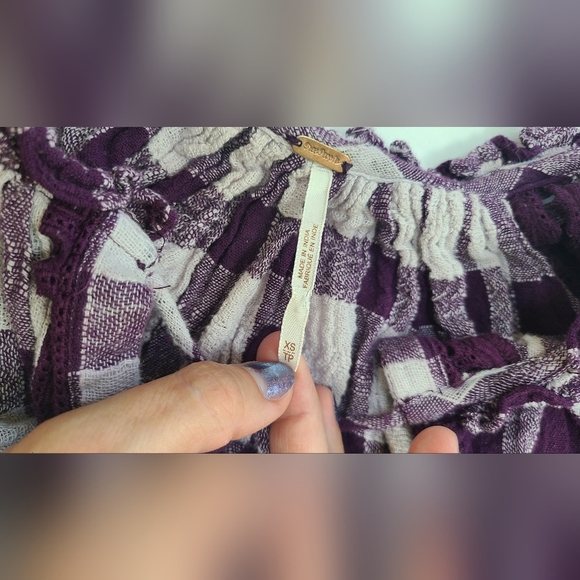 Free People Honey Grove Purple Plum Plaid Boho Tassels Women's Top - Picture 6 of 8